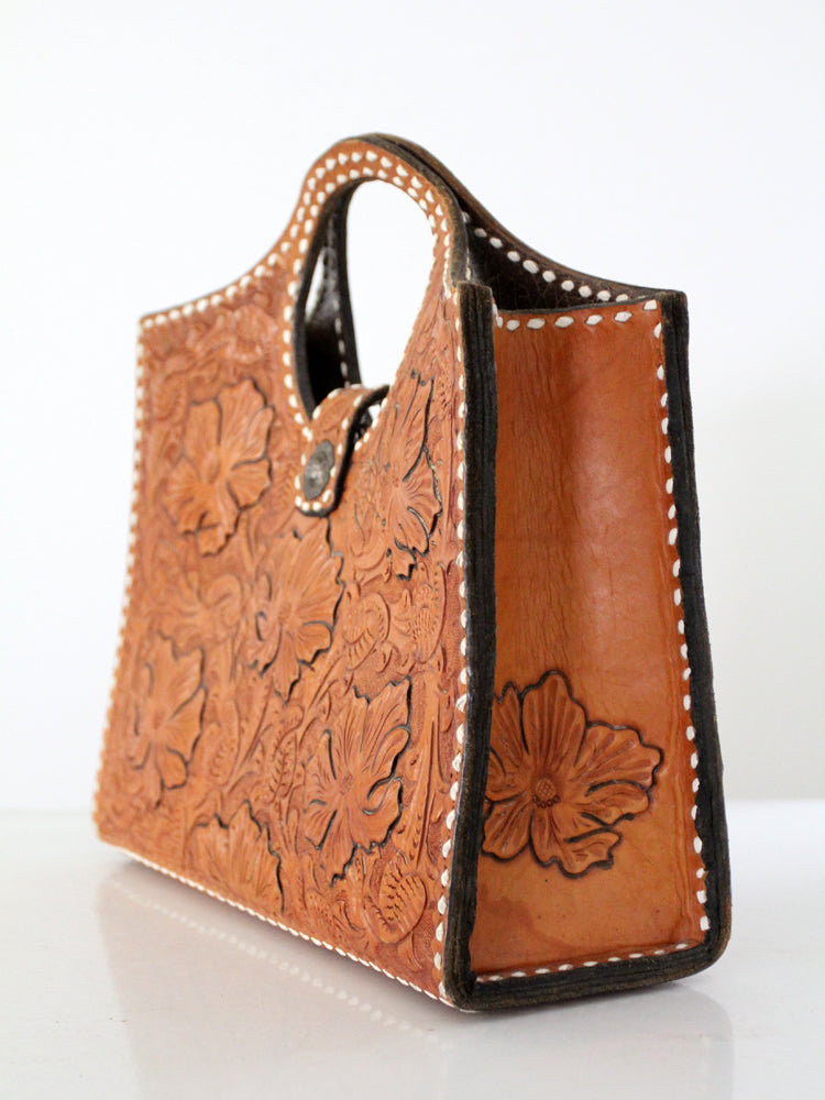 vintage 1950s tooled leather western handbag