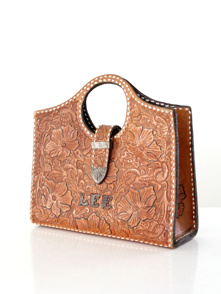 vintage 1950s tooled leather western handbag