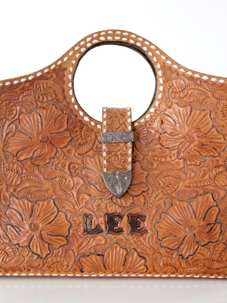 vintage 1950s tooled leather western handbag
