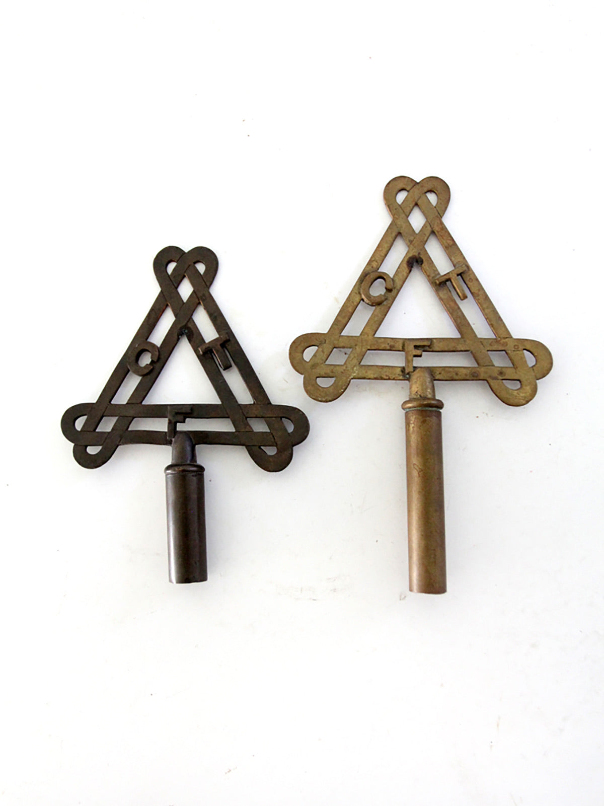antique Odd Fellows FLT brass ceremonial staff finials pair