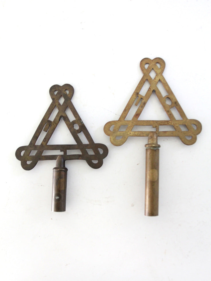 antique Odd Fellows FLT brass ceremonial staff finials pair
