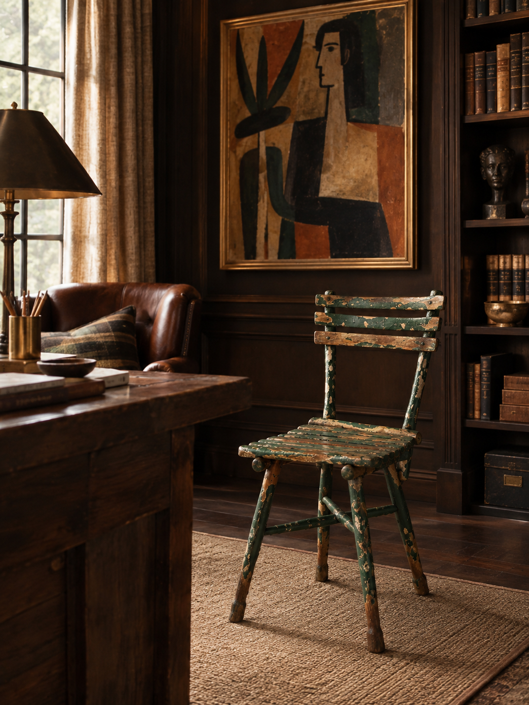 antique green painted rustic Adirondack chair