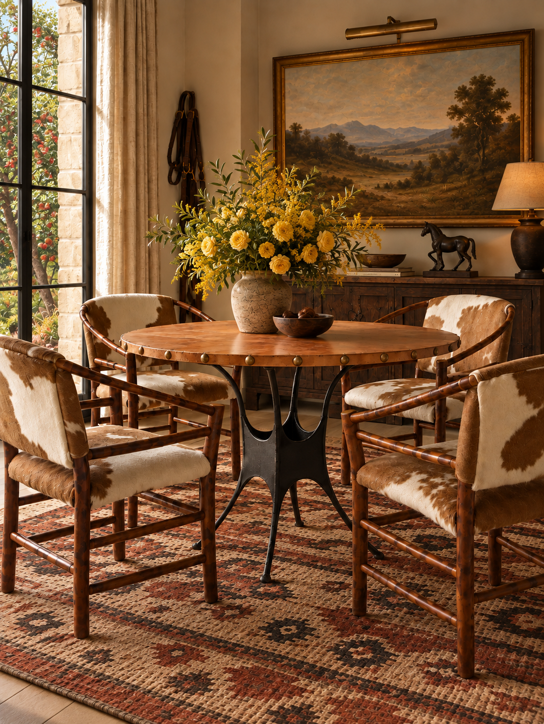 mid-century leather and iron round dining table