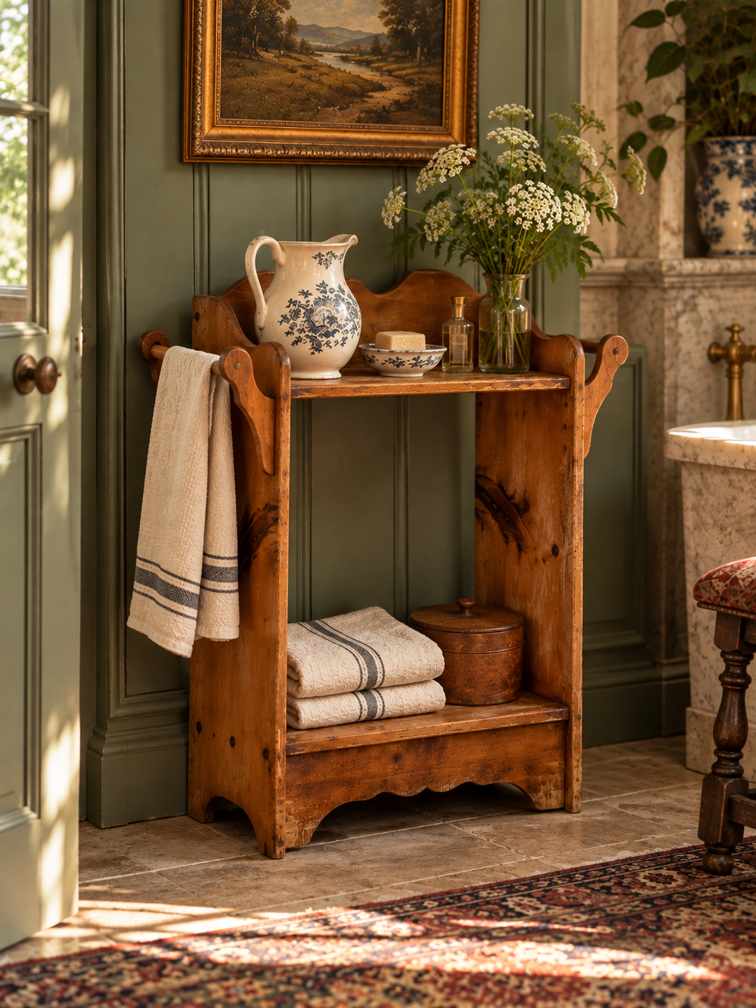 antique pine washstand with towel bars