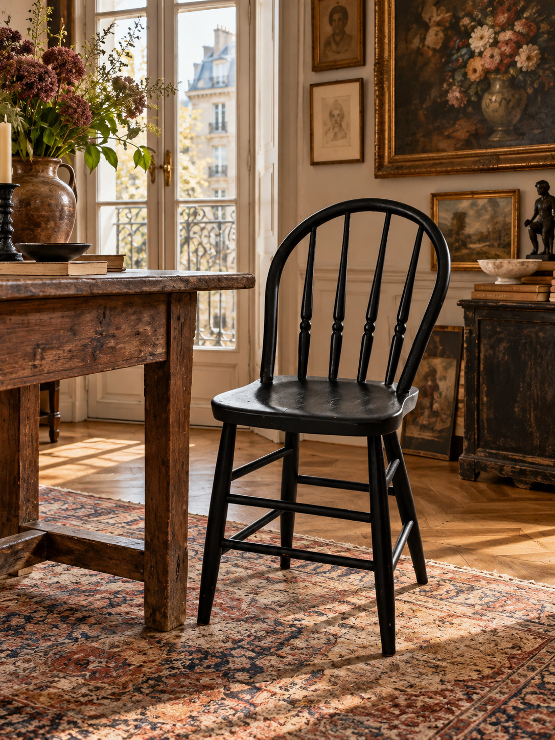 vintage black painted Windsor spindle back chair