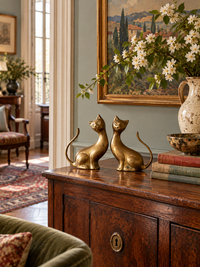 pair of mid-century brass cat figurines