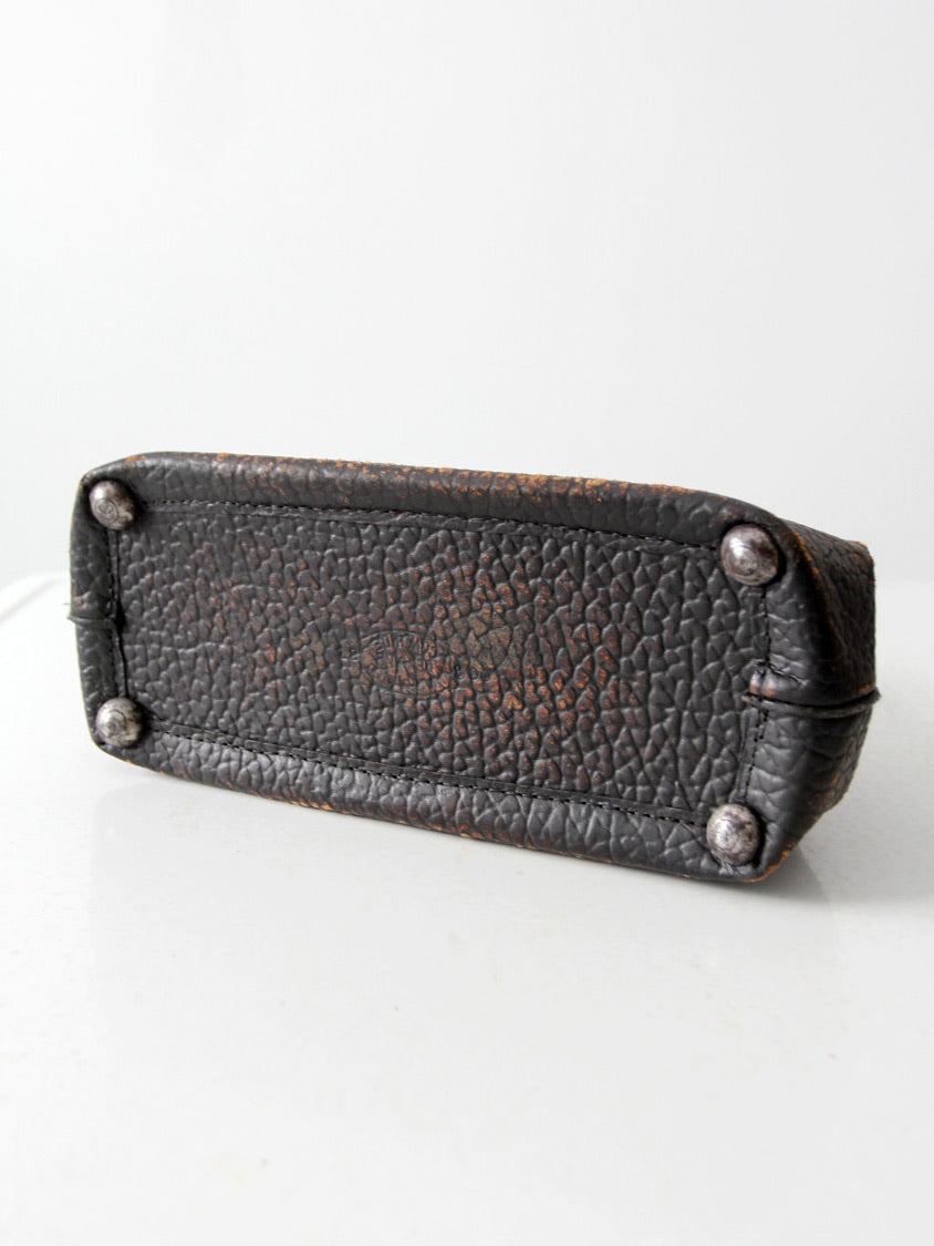 antique black leather top handle handbag