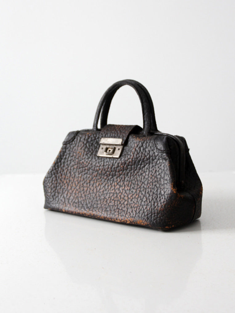 antique black leather top handle handbag