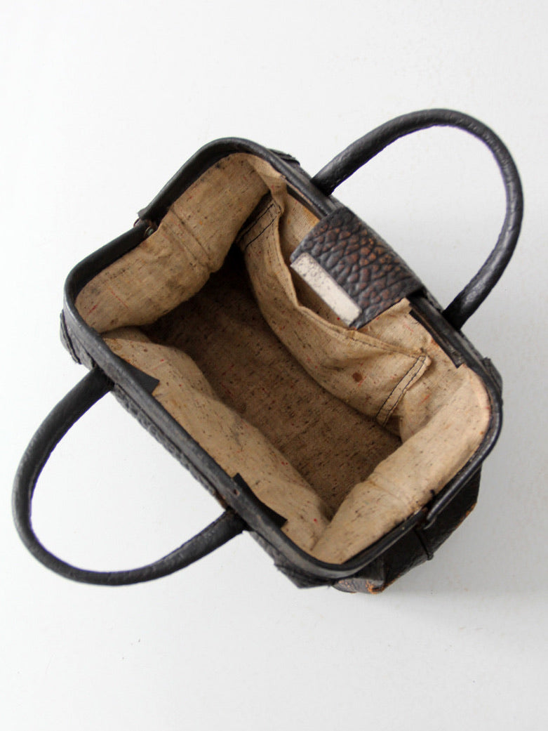 antique black leather top handle handbag
