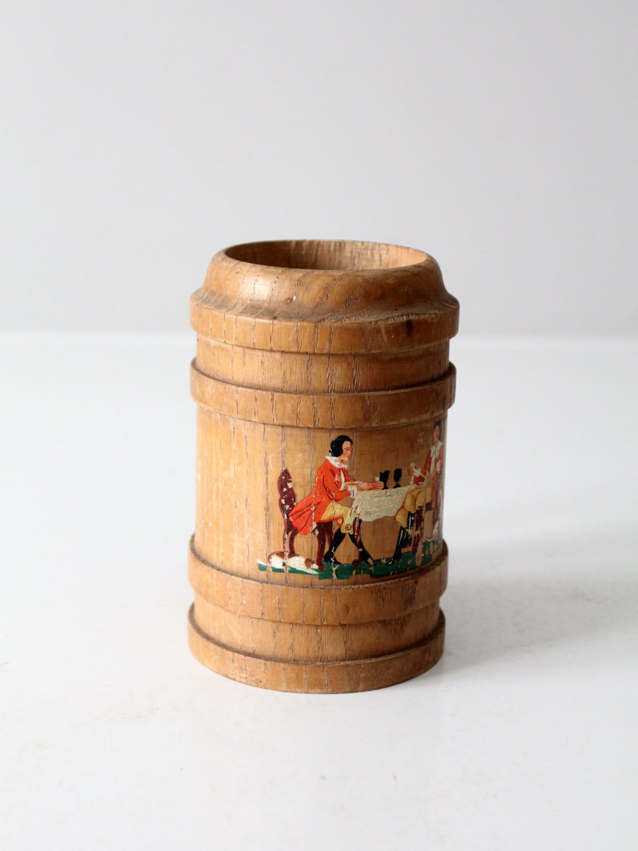 vintage wooden tankard with painted tavern scene