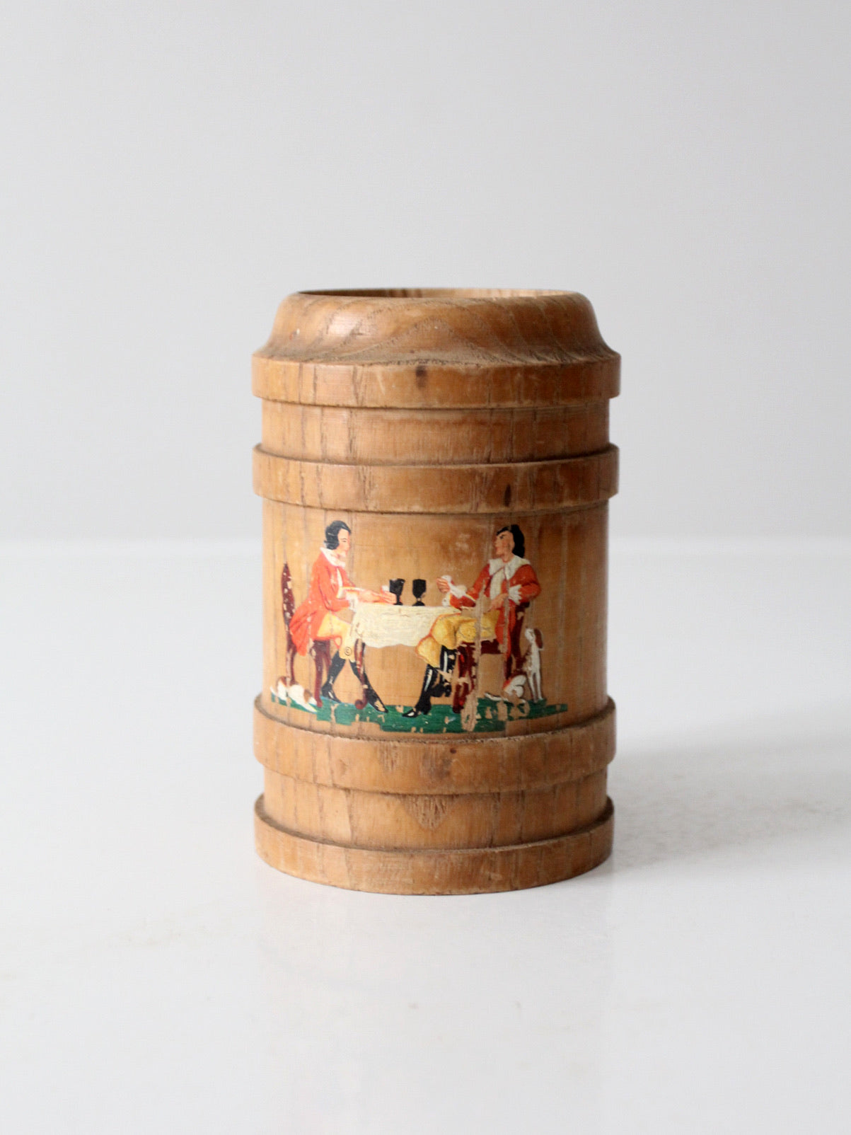 vintage wooden tankard with painted tavern scene