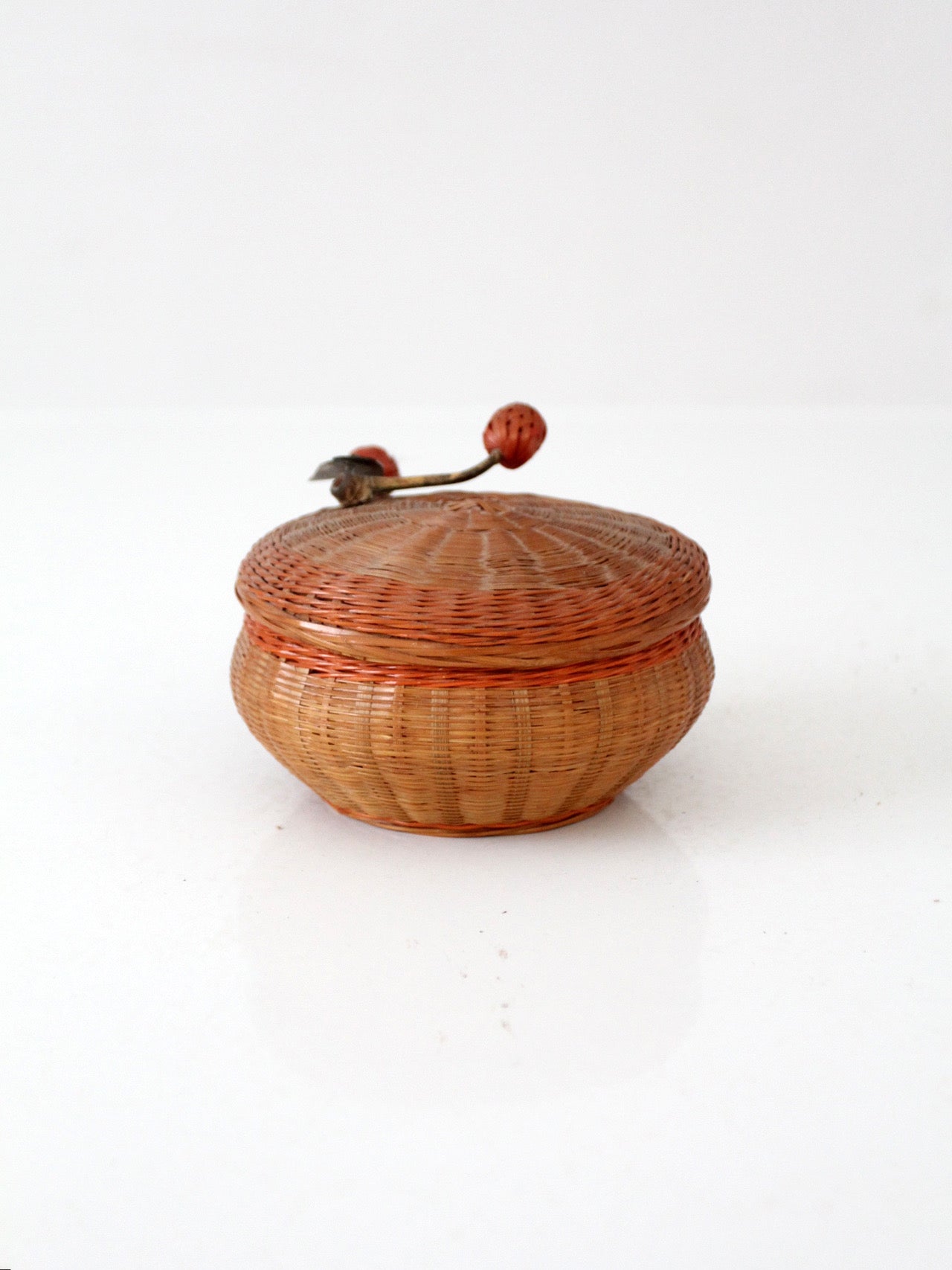 mid-century Chinese woven lidded basket with berry finial
