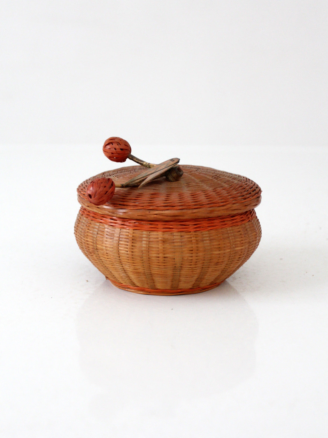 mid-century Chinese woven lidded basket with berry finial