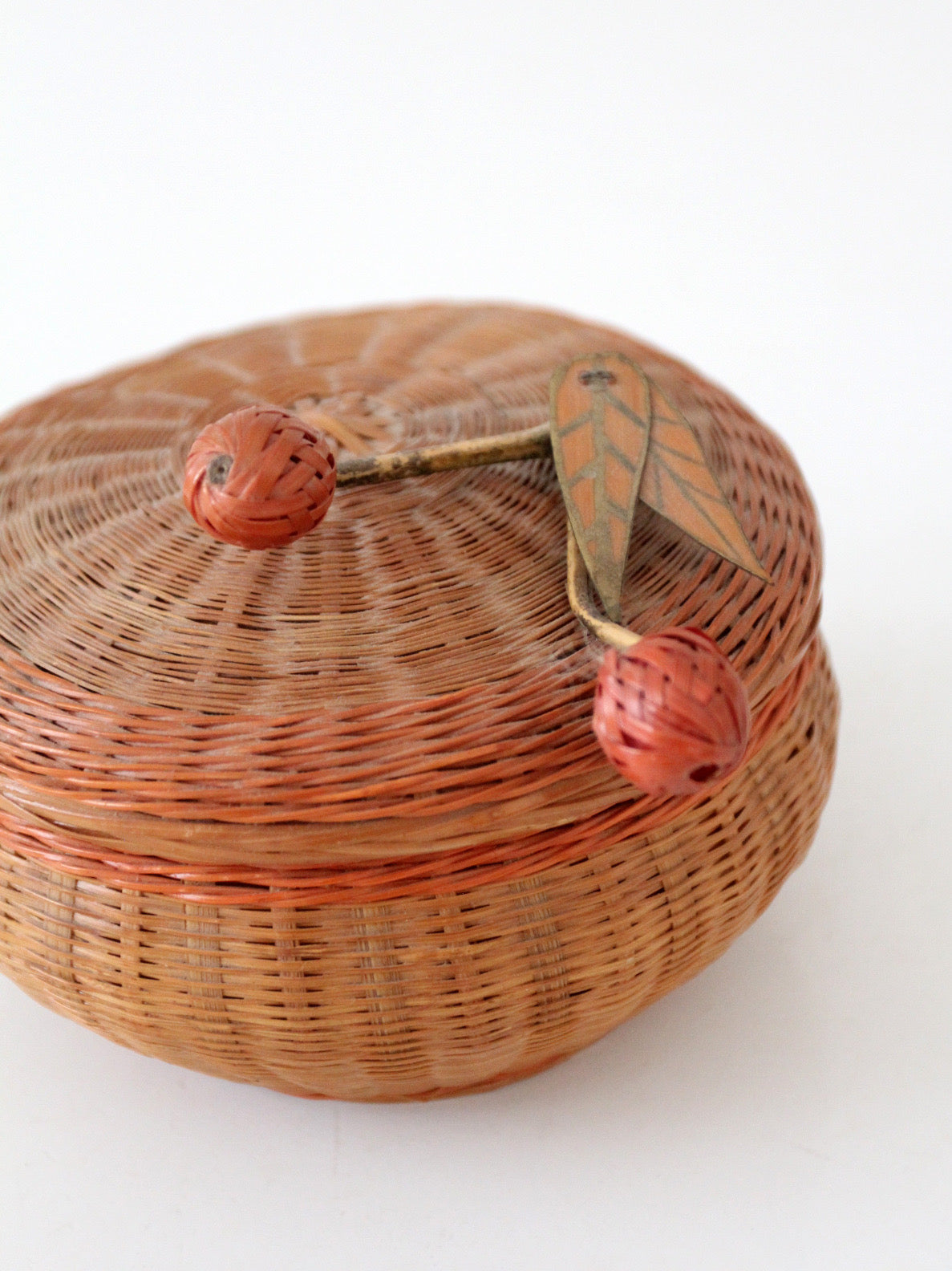 mid-century Chinese woven lidded basket with berry finial