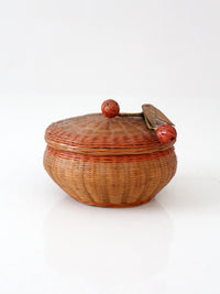 mid-century Chinese woven lidded basket with berry finial