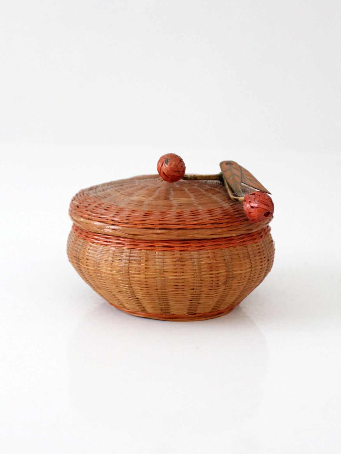 mid-century Chinese woven lidded basket with berry finial