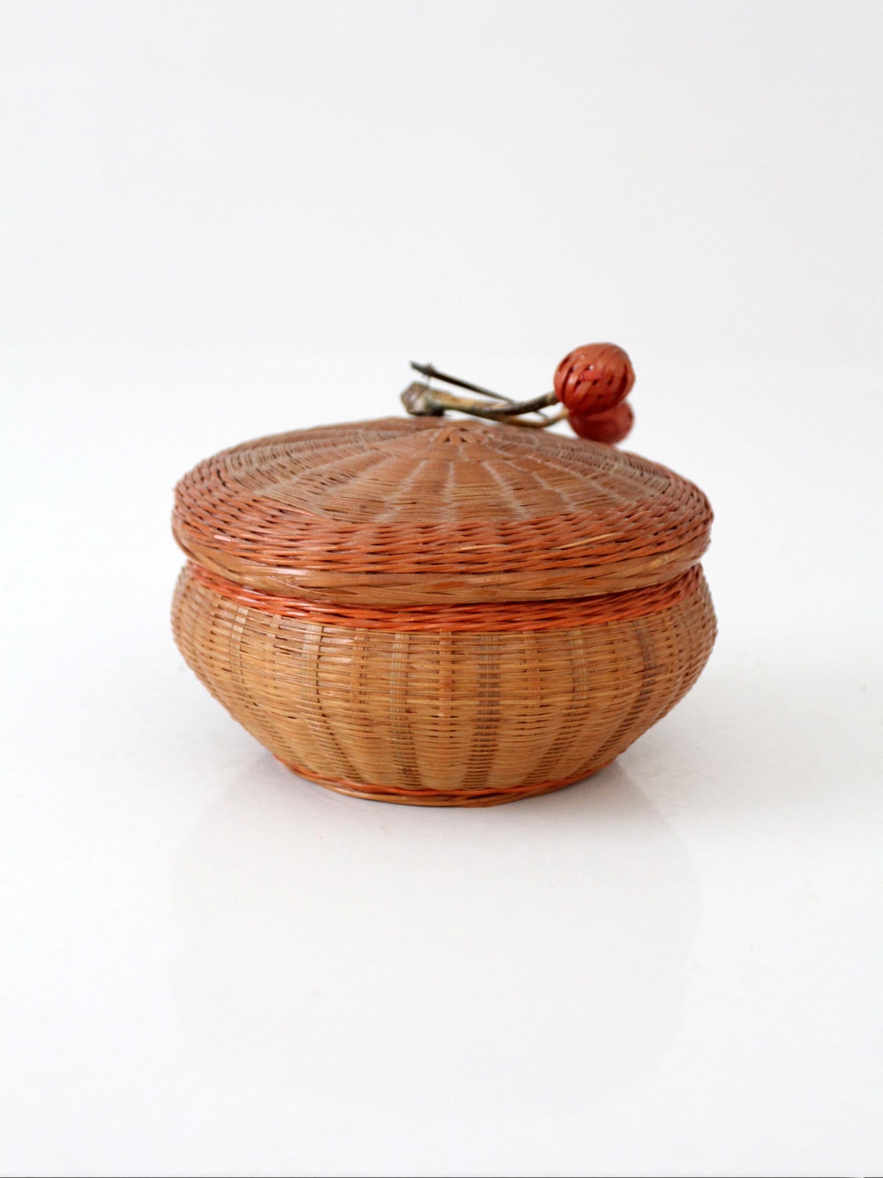 mid-century Chinese woven lidded basket with berry finial