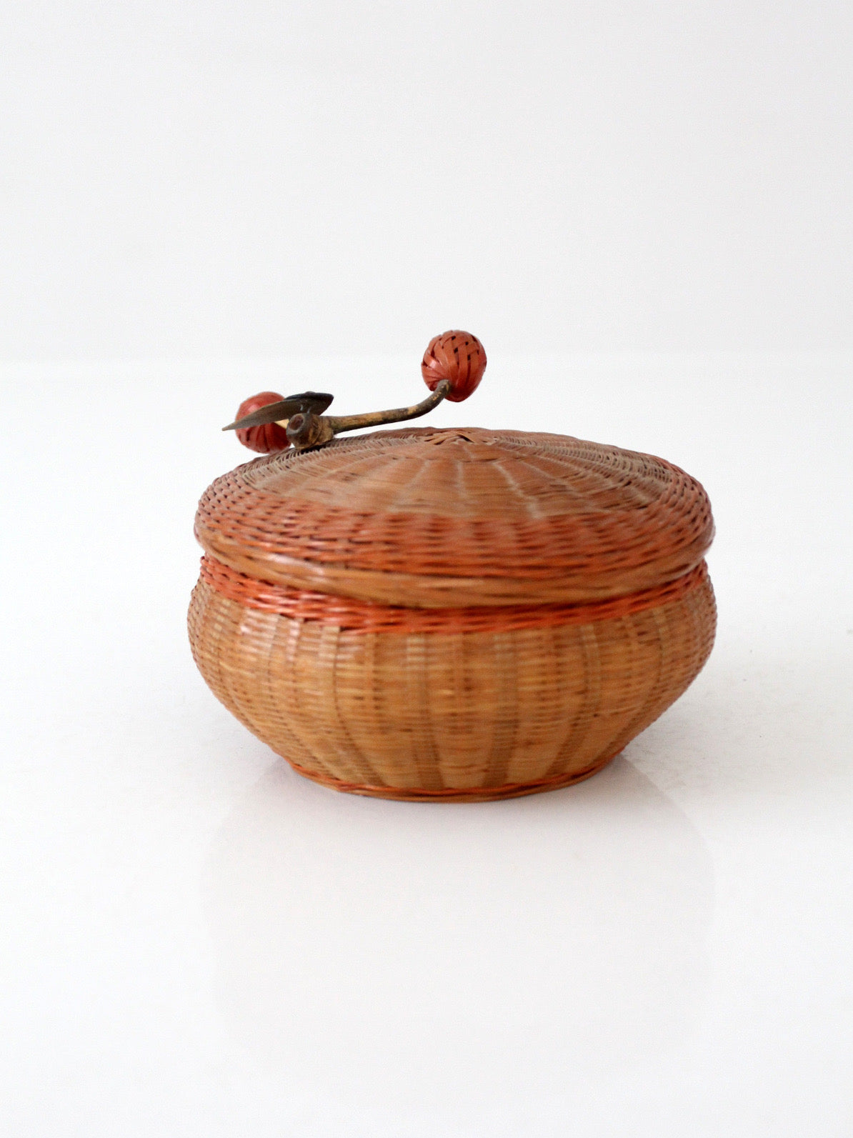 mid-century Chinese woven lidded basket with berry finial