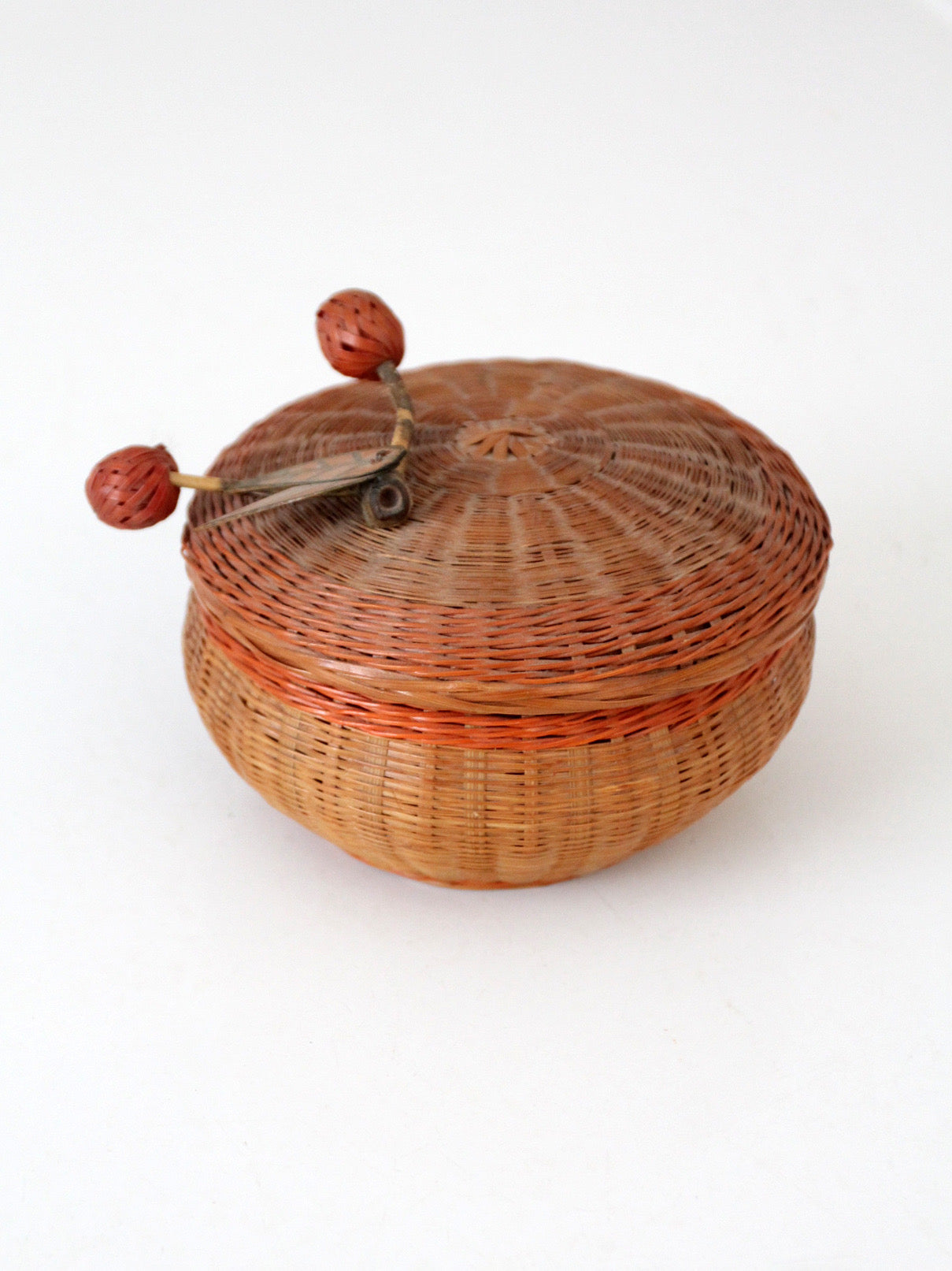 mid-century Chinese woven lidded basket with berry finial