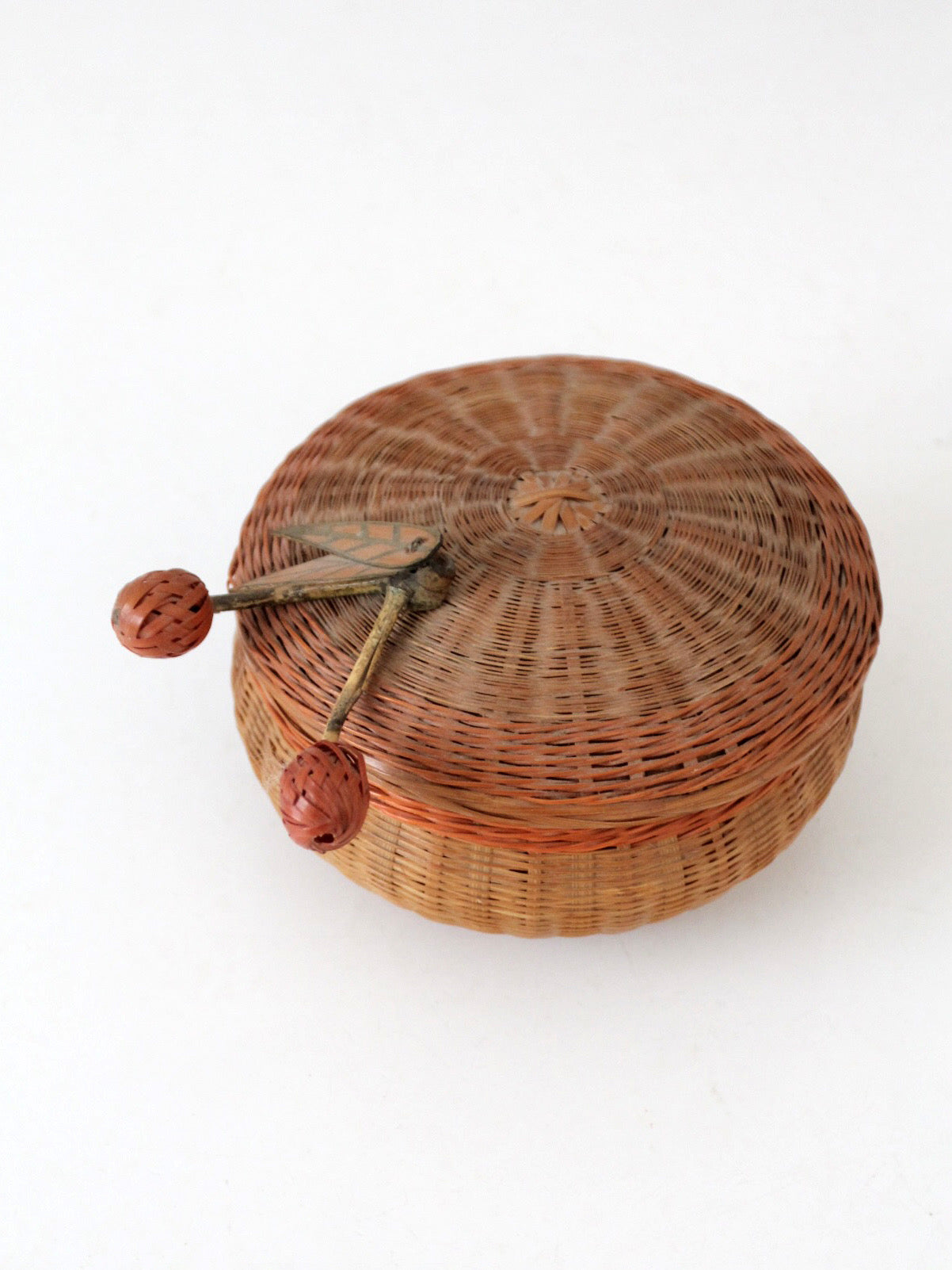 mid-century Chinese woven lidded basket with berry finial