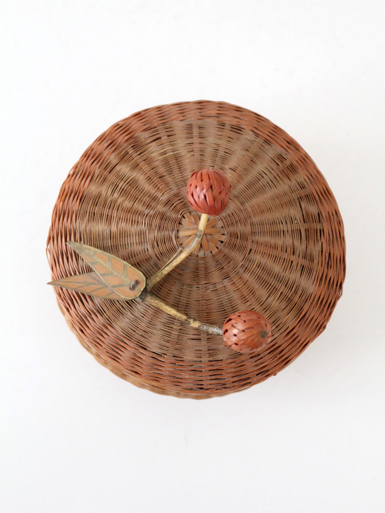 mid-century Chinese woven lidded basket with berry finial