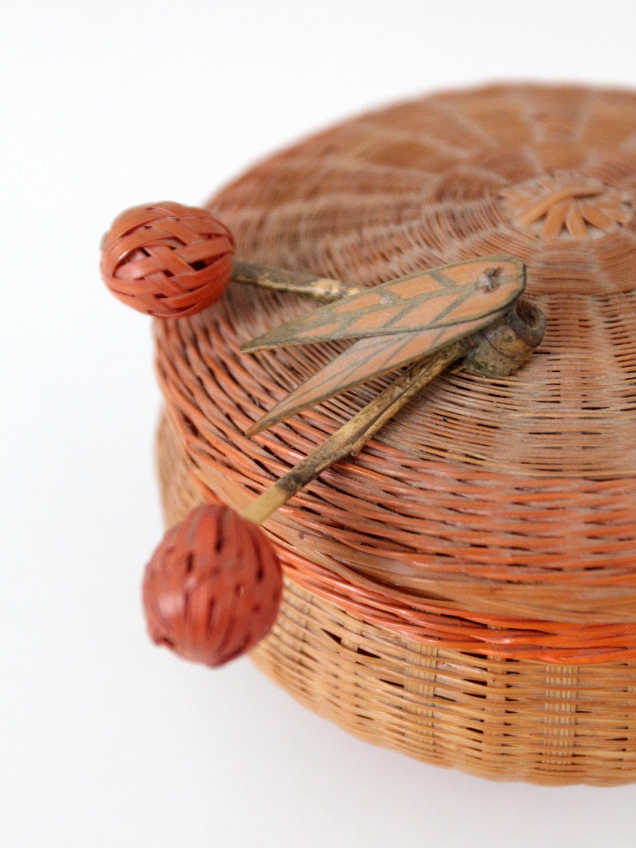mid-century Chinese woven lidded basket with berry finial