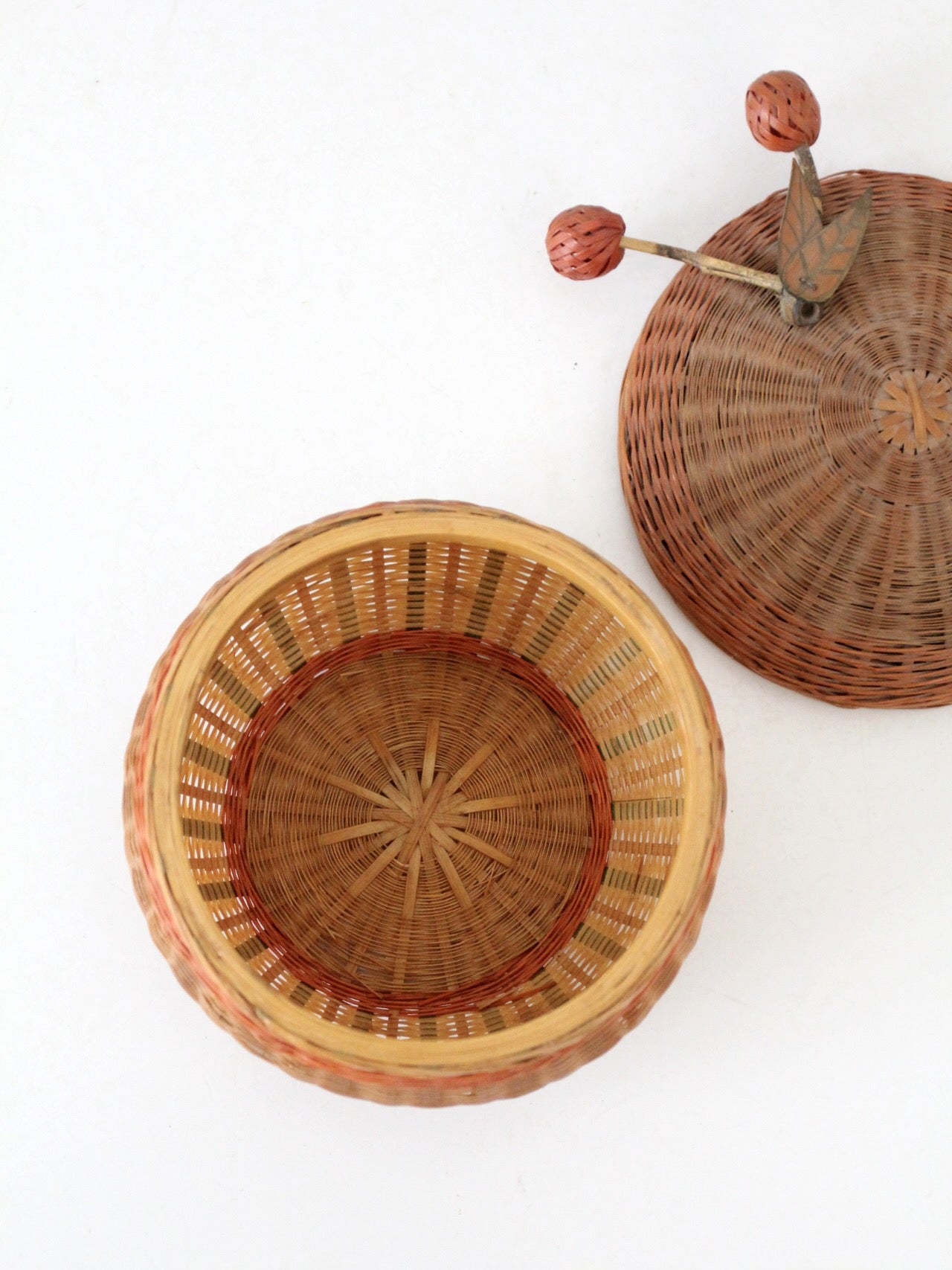 mid-century Chinese woven lidded basket with berry finial
