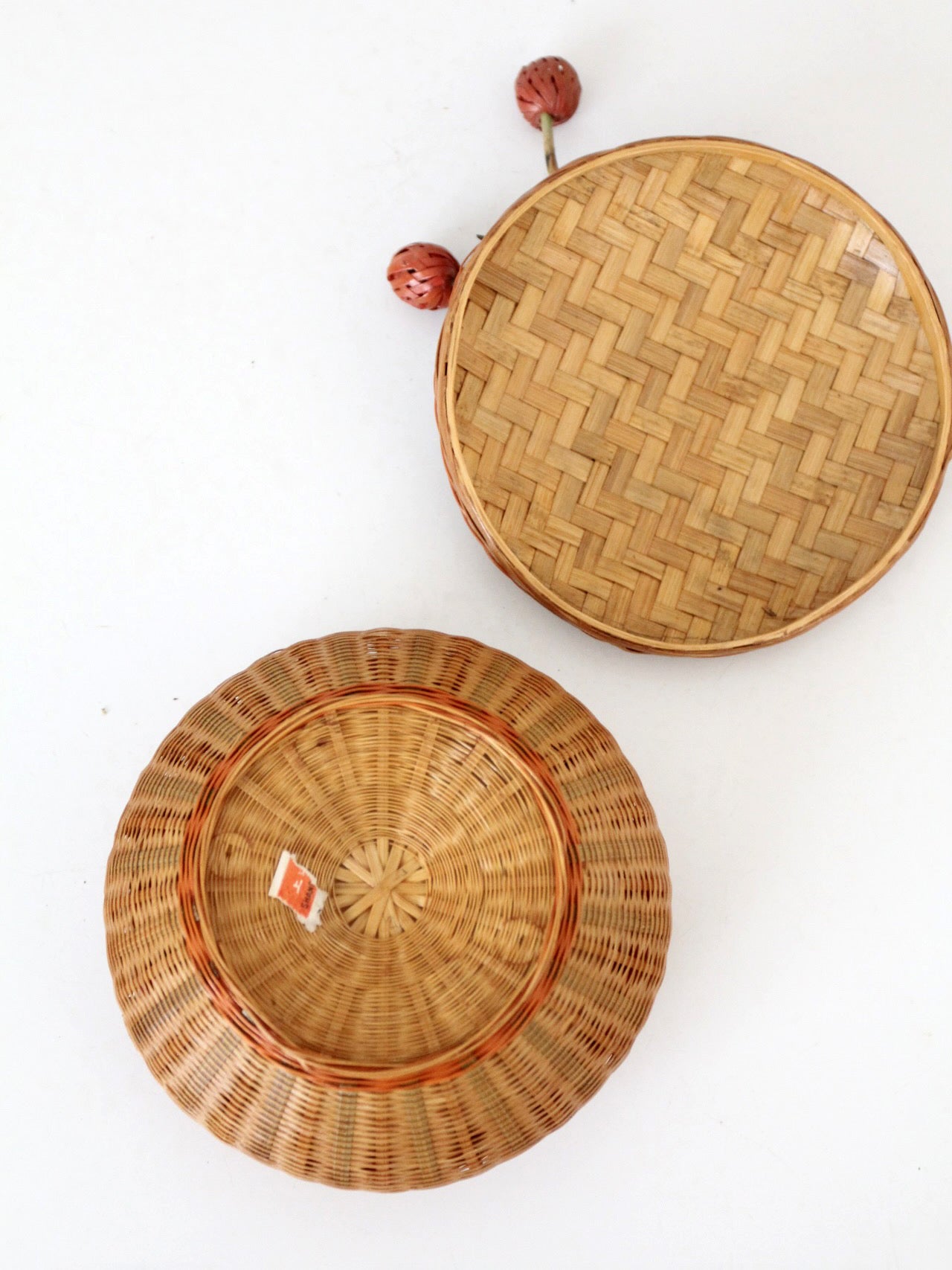 mid-century Chinese woven lidded basket with berry finial