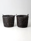 vintage black woven cane baskets pair