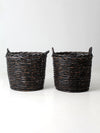 vintage black woven cane baskets pair