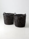 vintage black woven cane baskets pair