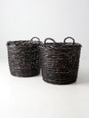 vintage black woven cane baskets pair