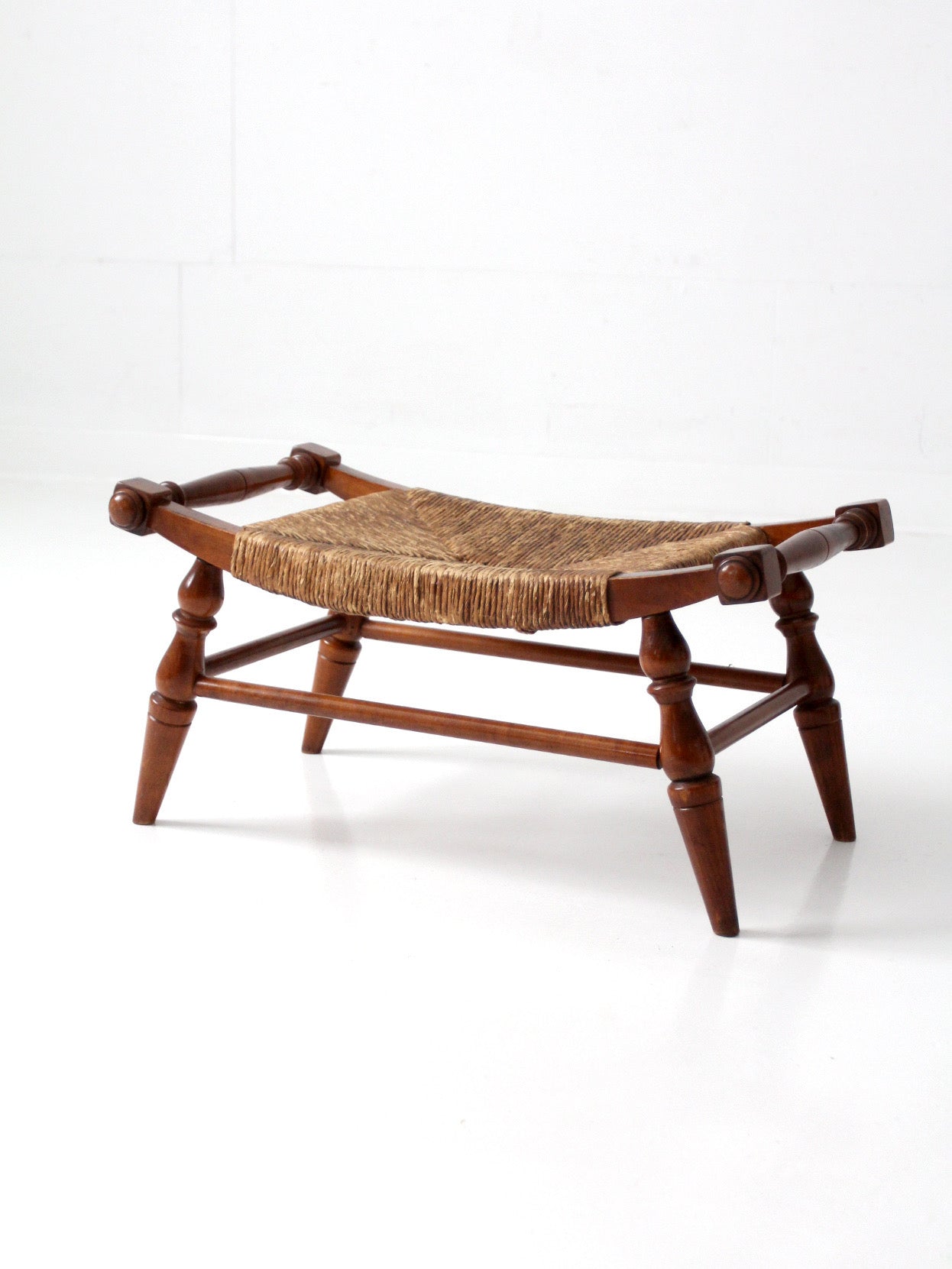 vintage Early American rush seat bench stool