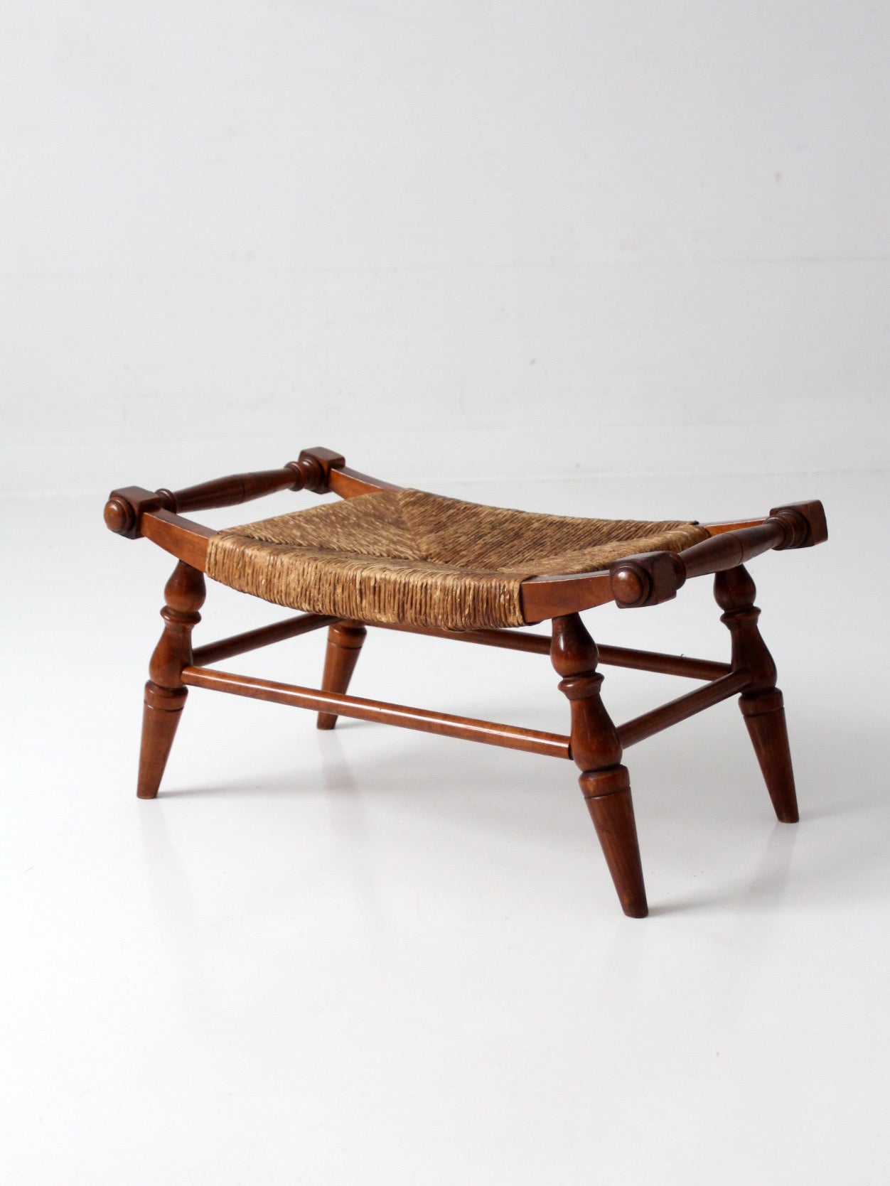 vintage Early American rush seat bench stool