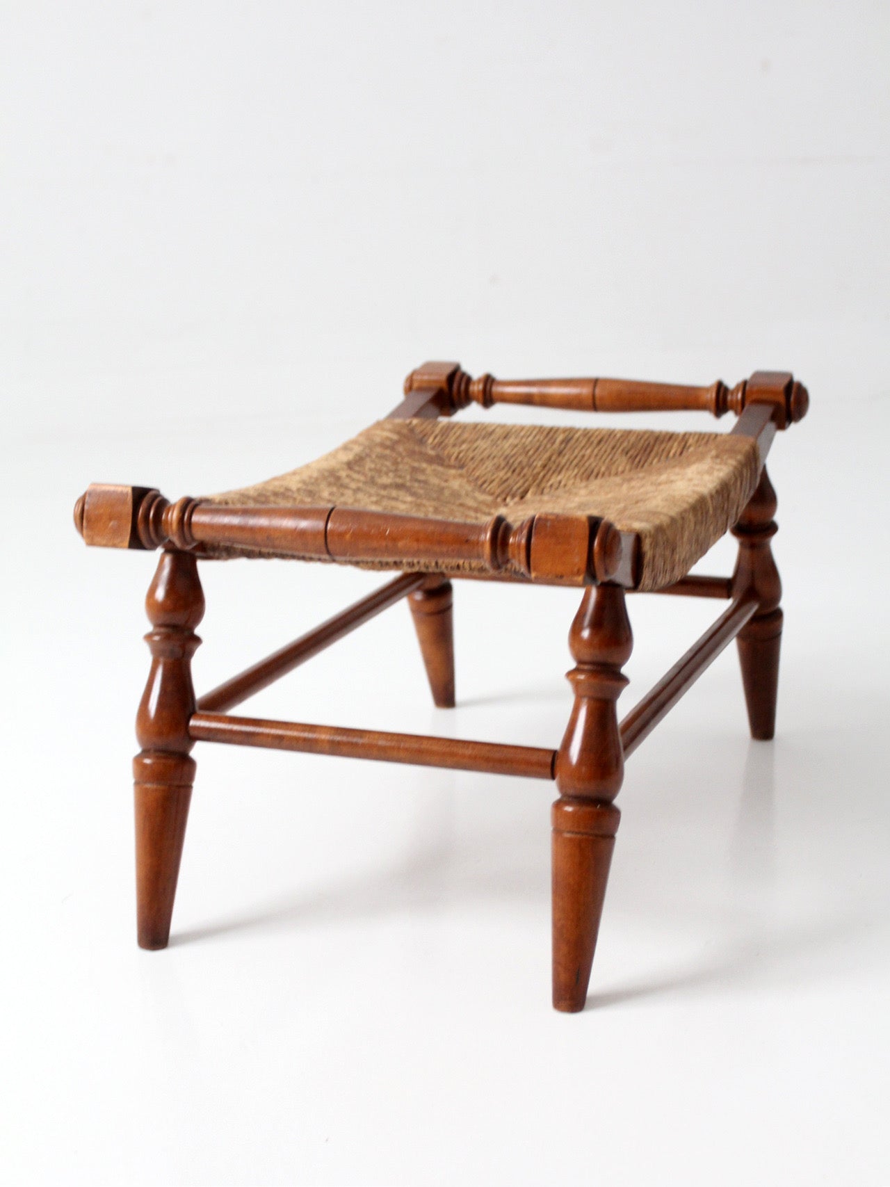 vintage Early American rush seat bench stool