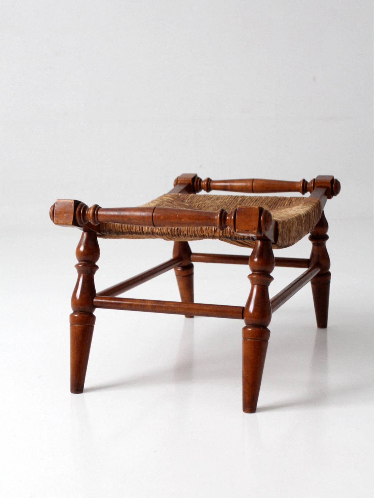 vintage Early American rush seat bench stool