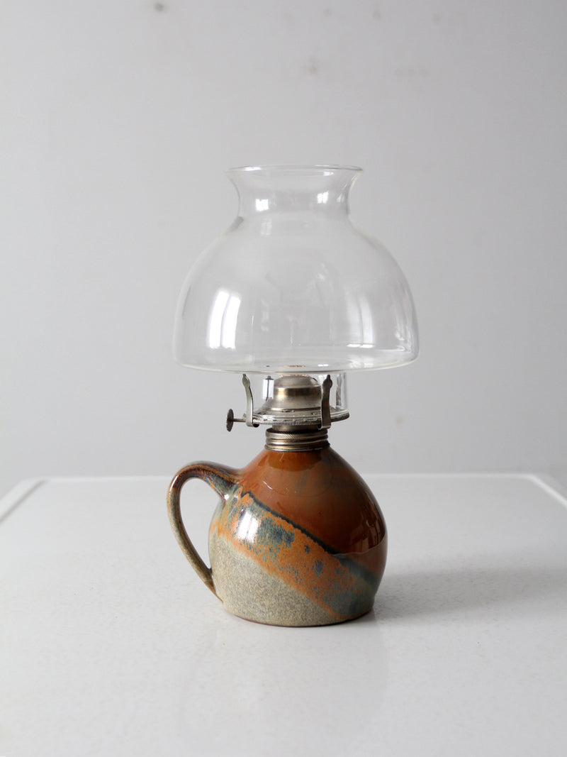 vintage studio pottery oil lamp with hurricane