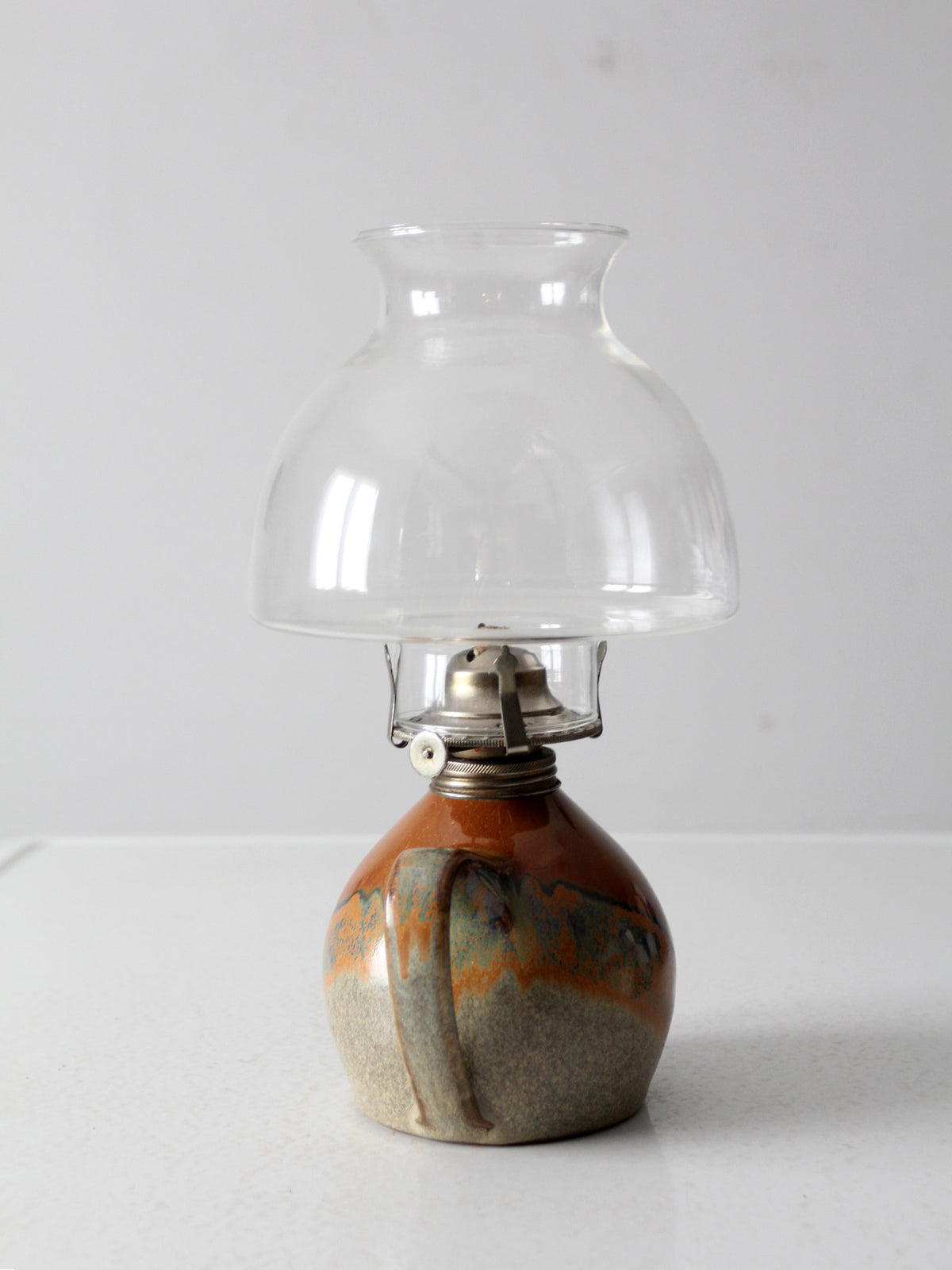vintage studio pottery oil lamp with hurricane