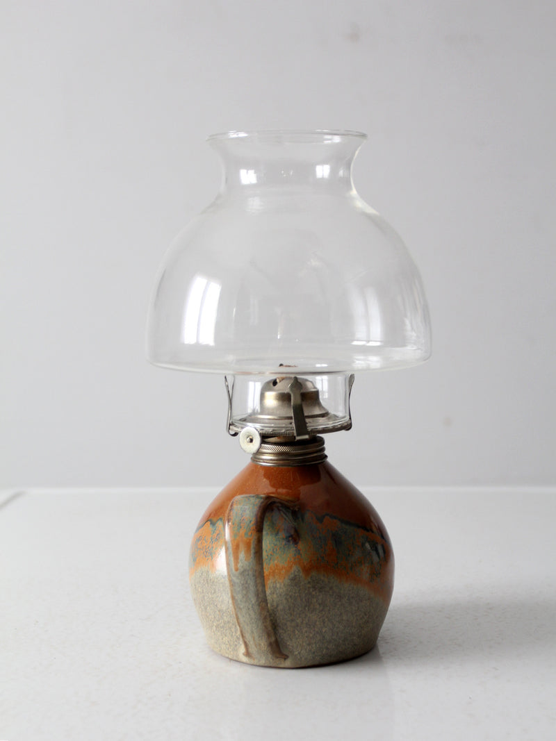 vintage studio pottery oil lamp with hurricane