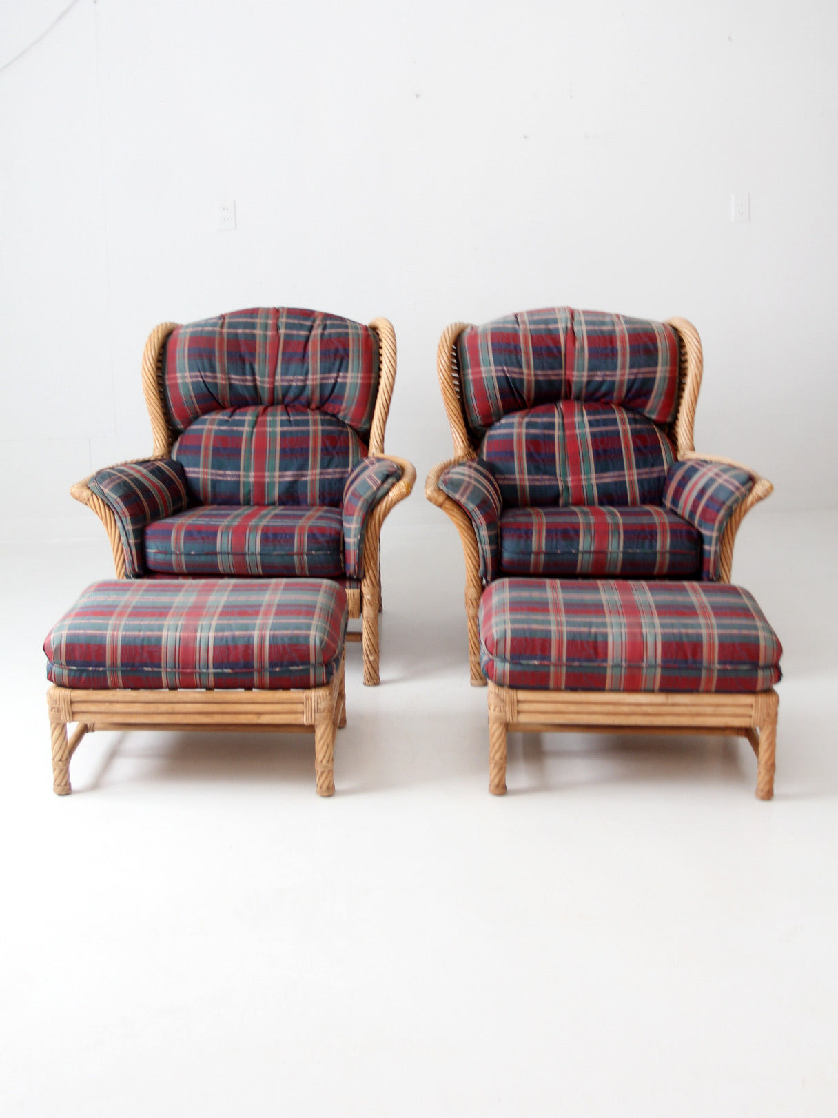 vintage plaid rattan chairs with ottomans set