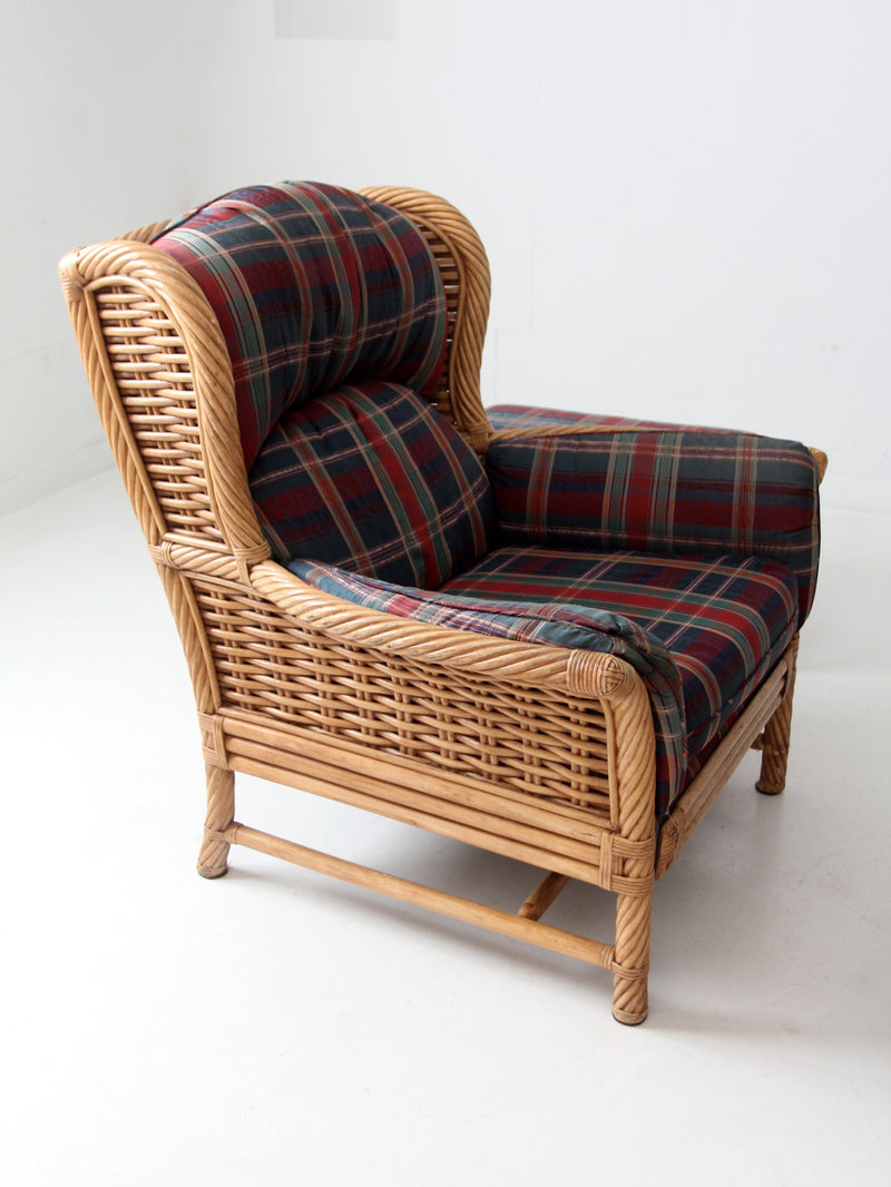 vintage plaid rattan chairs with ottomans set
