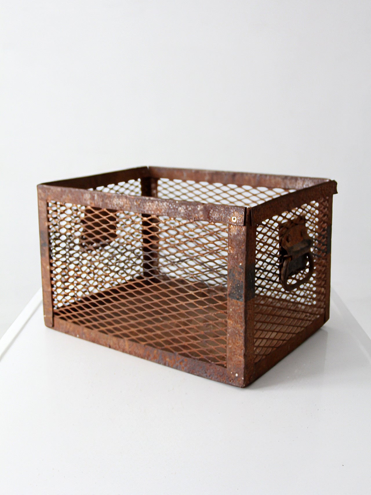 vintage industrial metal mesh crate