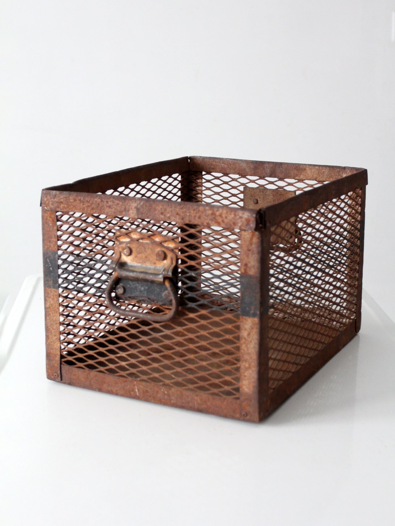 vintage industrial metal mesh crate