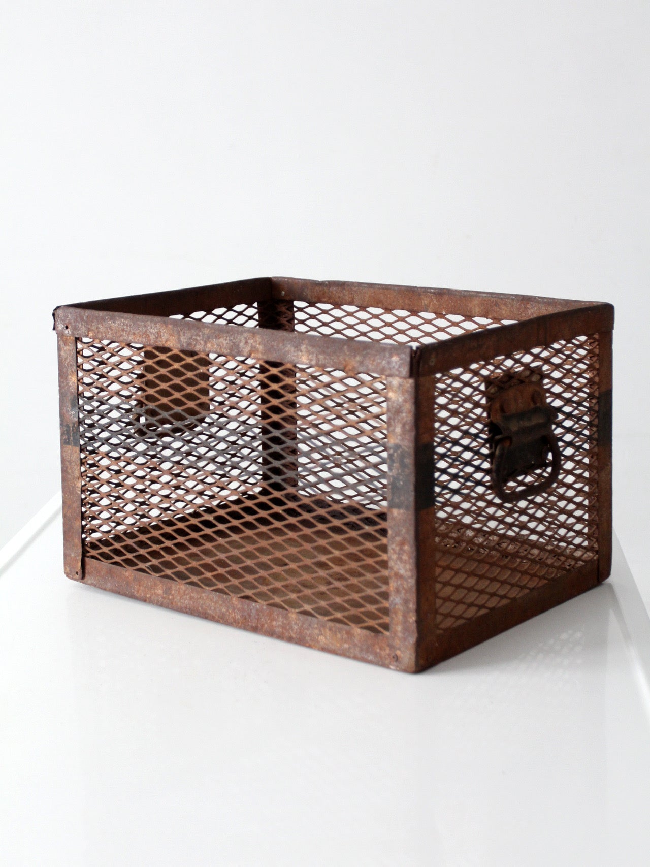 vintage industrial metal mesh crate