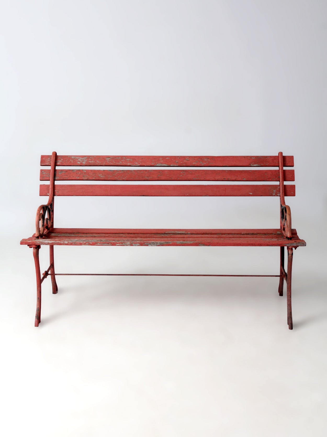 vintage red iron and wood garden bench