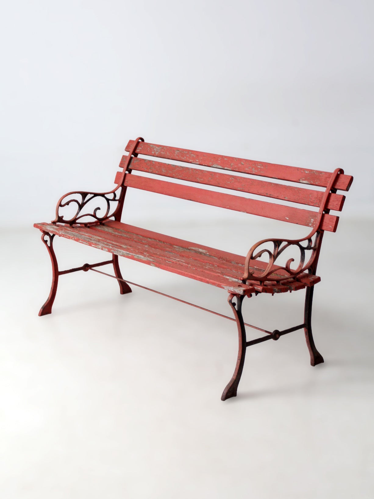 vintage red iron and wood garden bench