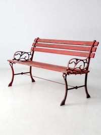 vintage red iron and wood garden bench