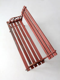 vintage red iron and wood garden bench