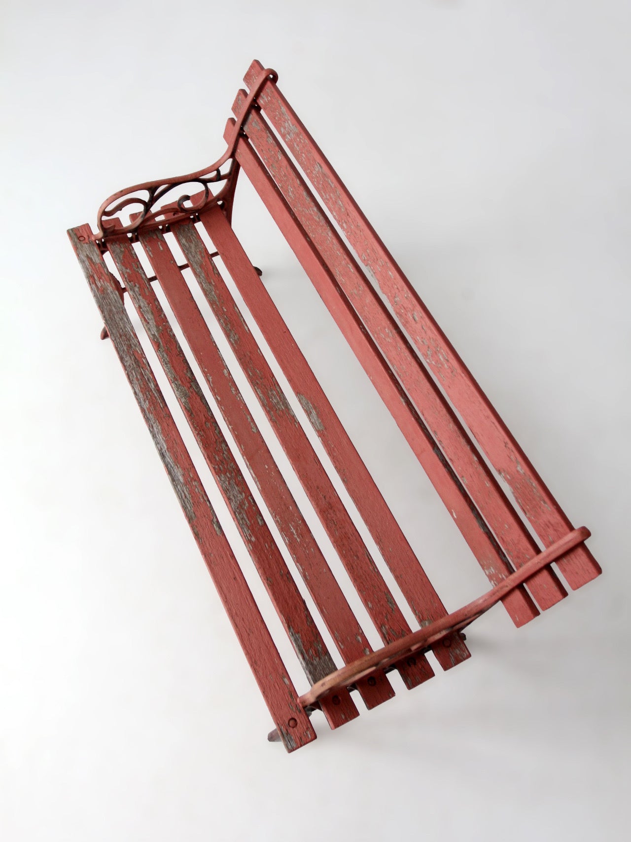 vintage red iron and wood garden bench