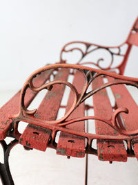 vintage red iron and wood garden bench